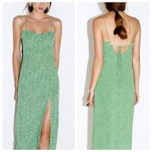Green Animal Print Slip Midi Dress Spaghetti Straps Side Slit Tie Back Size S